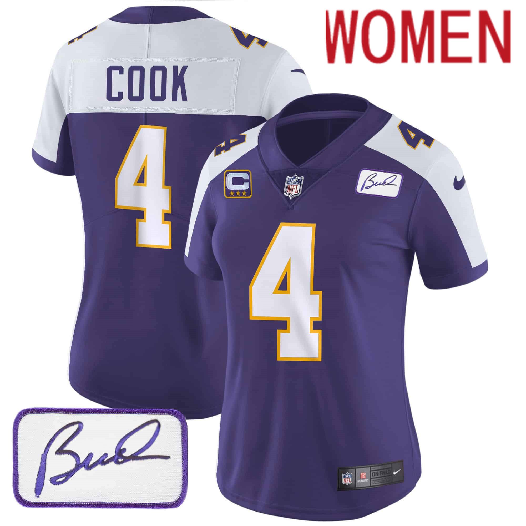 Women Minnesota Vikings #4 Cook Purple 2024 Nike Bud Grant Patch Classic Limited NFL Jersey